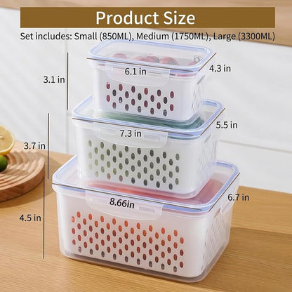 Fruit storage containers for fridge, with detachable drainer basket and airtight seal, stackable produce organizer, prolongs freshness of berries, greens, meats