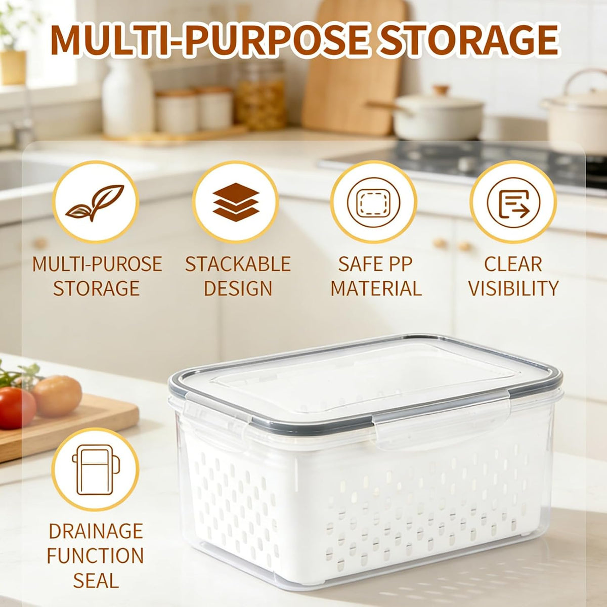 Fruit storage containers for fridge, with detachable drainer basket and airtight seal, stackable produce organizer, prolongs freshness of berries, greens, meats