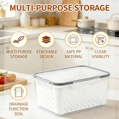 Fruit storage containers for fridge, with detachable drainer basket and airtight seal, stackable produce organizer, prolongs freshness of berries, greens, meats