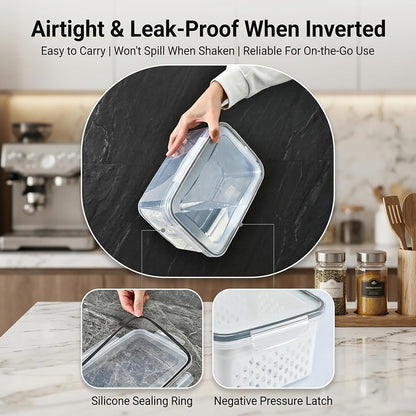 Fruit storage containers for fridge, with detachable drainer basket and airtight seal, stackable produce organizer, prolongs freshness of berries, greens, meats