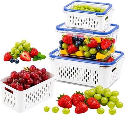 Fruit storage containers for fridge, with detachable drainer basket and airtight seal, stackable produce organizer, prolongs freshness of berries, greens, meats
