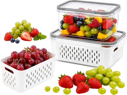 Fruit storage containers for fridge, with detachable drainer basket and airtight seal, stackable produce organizer, prolongs freshness of berries, greens, meats