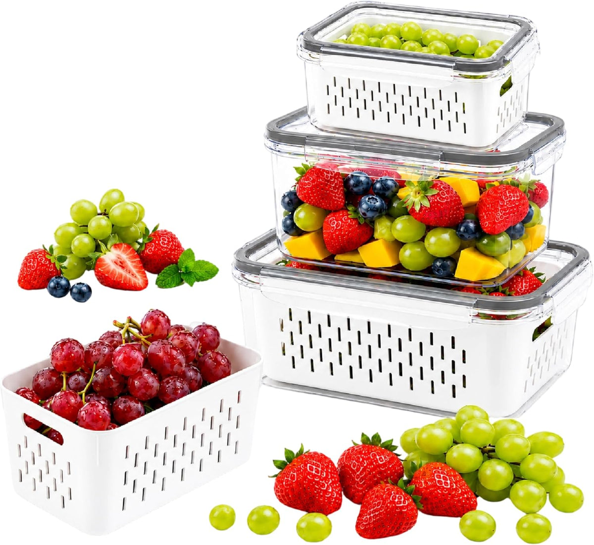 Fruit storage containers for fridge, with detachable drainer basket and airtight seal, stackable produce organizer, prolongs freshness of berries, greens, meats