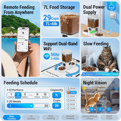 Automatic Cat Feeder with 2K Camera: 5G WiFi Automatic Dog Feeder with Night Vision,Cat Food Dispenser with 7L Large Food Storage Container for Multiple Pet,Detachable for Easy Clean -29 Cup