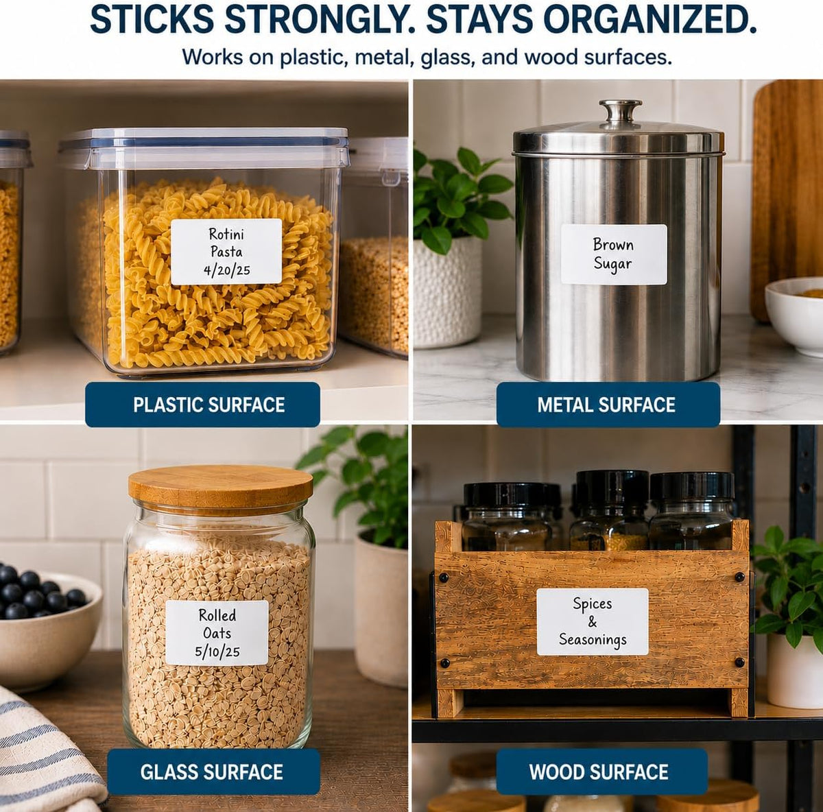 Blank Waterproof Label Stickers, Medium White Write-On Polypropylene Labels with Strong Permanent Adhesive, 70mm x 40mm (2.8” x 1.6”) 500/Roll, for Bottles, Storage Bins, Pantry & Cleaning Supplies