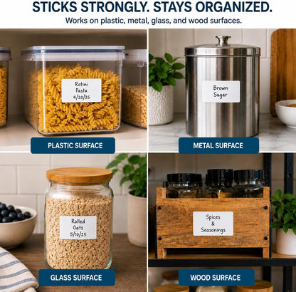 Blank Waterproof Label Stickers, Medium White Write-On Polypropylene Labels with Strong Permanent Adhesive, 70mm x 40mm (2.8” x 1.6”) 500/Roll, for Bottles, Storage Bins, Pantry & Cleaning Supplies