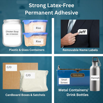 Blank Waterproof Label Stickers, Medium White Write-On Polypropylene Labels with Strong Permanent Adhesive, 70mm x 40mm (2.8” x 1.6”) 500/Roll, for Bottles, Storage Bins, Pantry & Cleaning Supplies