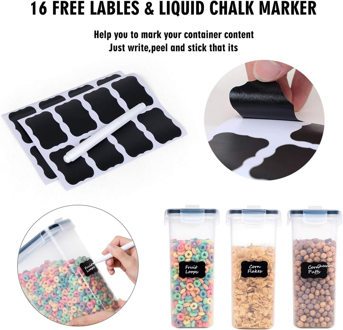 Cereal Containers Storage Set - Airtight Large Dry Cereal Container (135.2oz), BPA Free Dispenser Plastic Cereal Storage Containers with 16 Labels & Pen