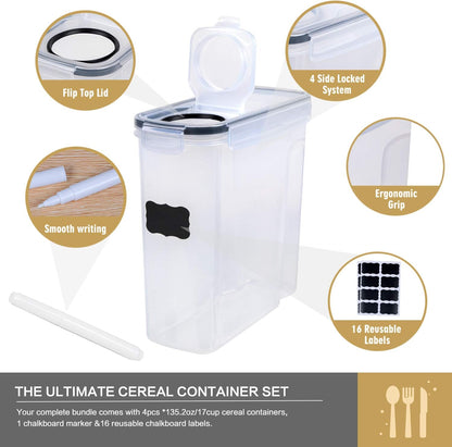 Cereal Containers Storage Set - Airtight Large Dry Cereal Container (135.2oz), BPA Free Dispenser Plastic Cereal Storage Containers with 16 Labels & Pen