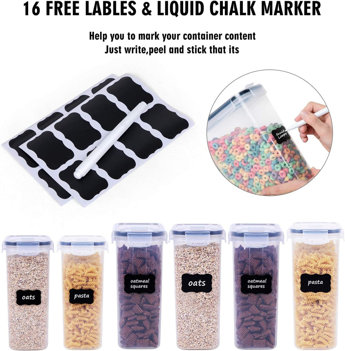 Cereal Containers Storage Set - Airtight Large Dry Cereal Container (135.2oz), BPA Free Dispenser Plastic Cereal Storage Containers with 16 Labels & Pen
