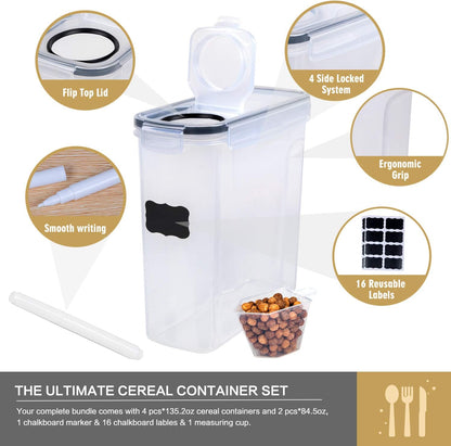 Cereal Containers Storage Set - Airtight Large Dry Cereal Container (135.2oz), BPA Free Dispenser Plastic Cereal Storage Containers with 16 Labels & Pen