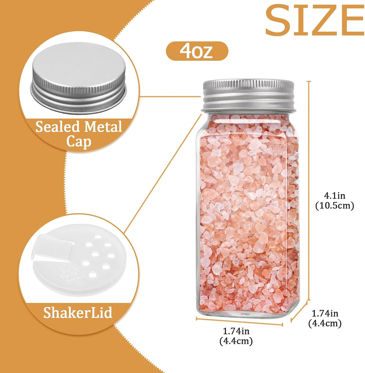 Glass Spice Bottles 6-Pack, 4oz with Shaker Lids for Salt Pepper