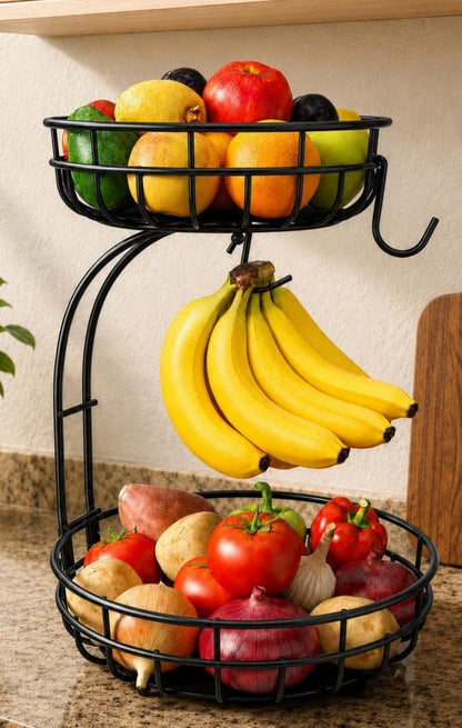 2 Tier Modern Fruit Basket for Kitchen Counter with 2 Banana Hook