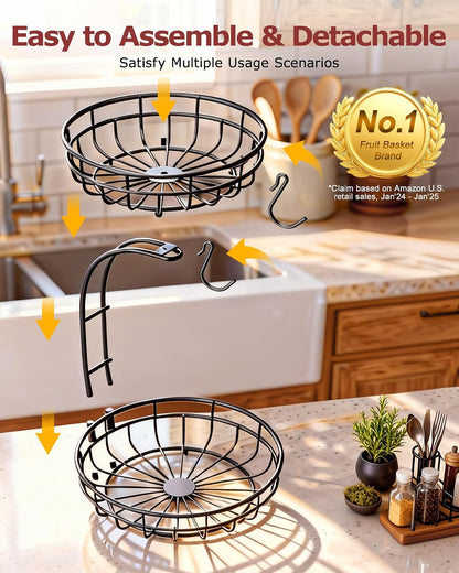 2 Tier Modern Fruit Basket for Kitchen Counter with 2 Banana Hook