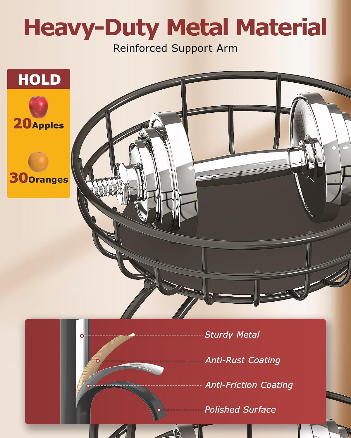 2 Tier Modern Fruit Basket for Kitchen Counter with 2 Banana Hook