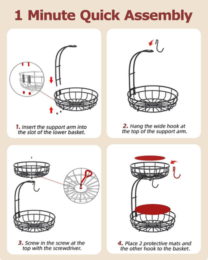 2 Tier Modern Fruit Basket for Kitchen Counter with 2 Banana Hook