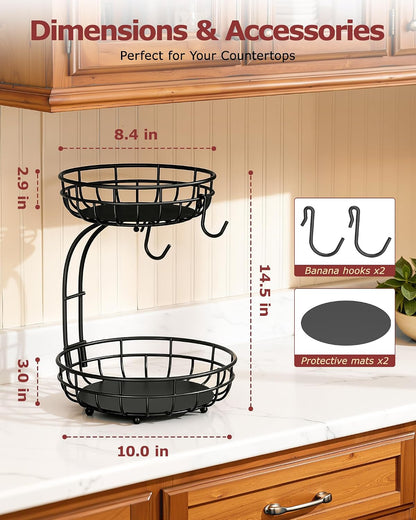 2 Tier Modern Fruit Basket for Kitchen Counter with 2 Banana Hook