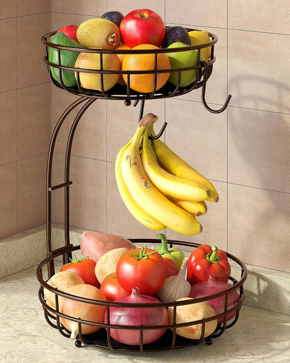 2 Tier Modern Fruit Basket for Kitchen Counter with 2 Banana Hook