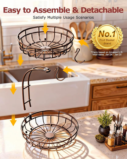 2 Tier Modern Fruit Basket for Kitchen Counter with 2 Banana Hook