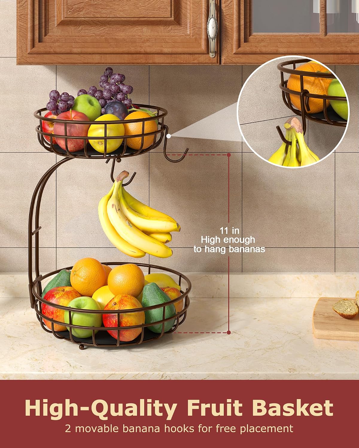 2 Tier Modern Fruit Basket for Kitchen Counter with 2 Banana Hook