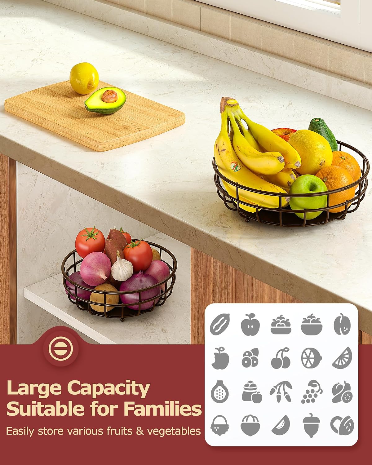 2 Tier Modern Fruit Basket for Kitchen Counter with 2 Banana Hook