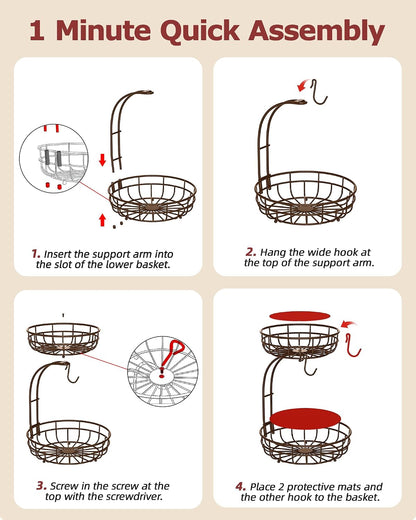 2 Tier Modern Fruit Basket for Kitchen Counter with 2 Banana Hook
