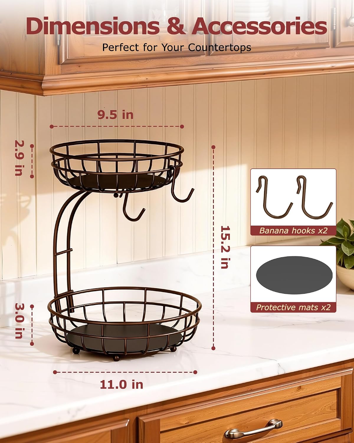 2 Tier Modern Fruit Basket for Kitchen Counter with 2 Banana Hook