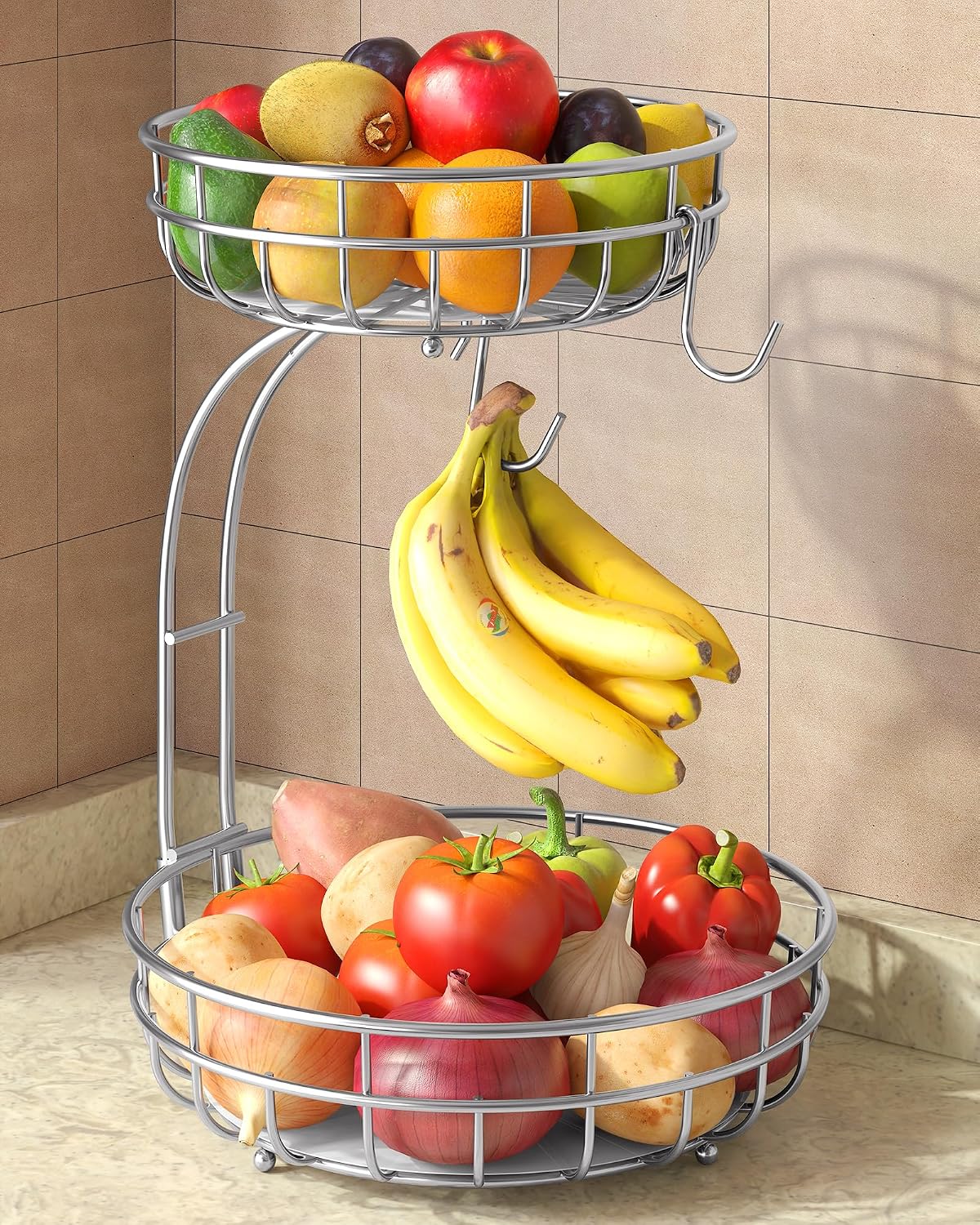 2 Tier Modern Fruit Basket for Kitchen Counter with 2 Banana Hook