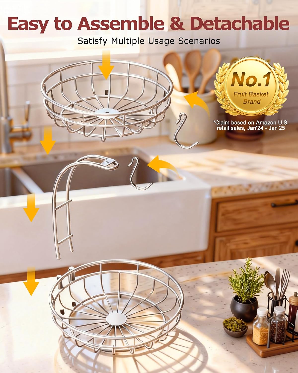 2 Tier Modern Fruit Basket for Kitchen Counter with 2 Banana Hook