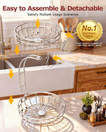 2 Tier Modern Fruit Basket for Kitchen Counter with 2 Banana Hook
