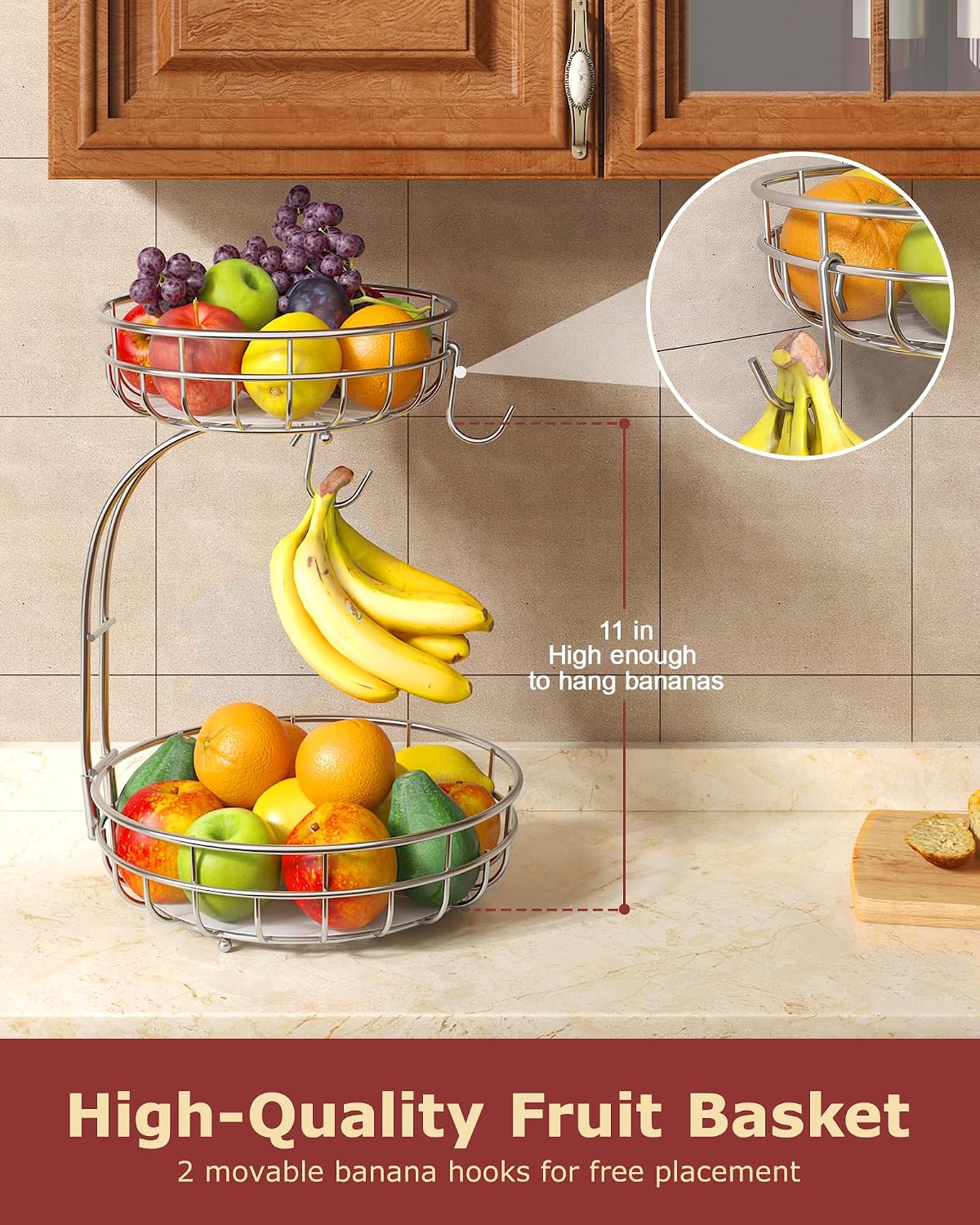 2 Tier Modern Fruit Basket for Kitchen Counter with 2 Banana Hook