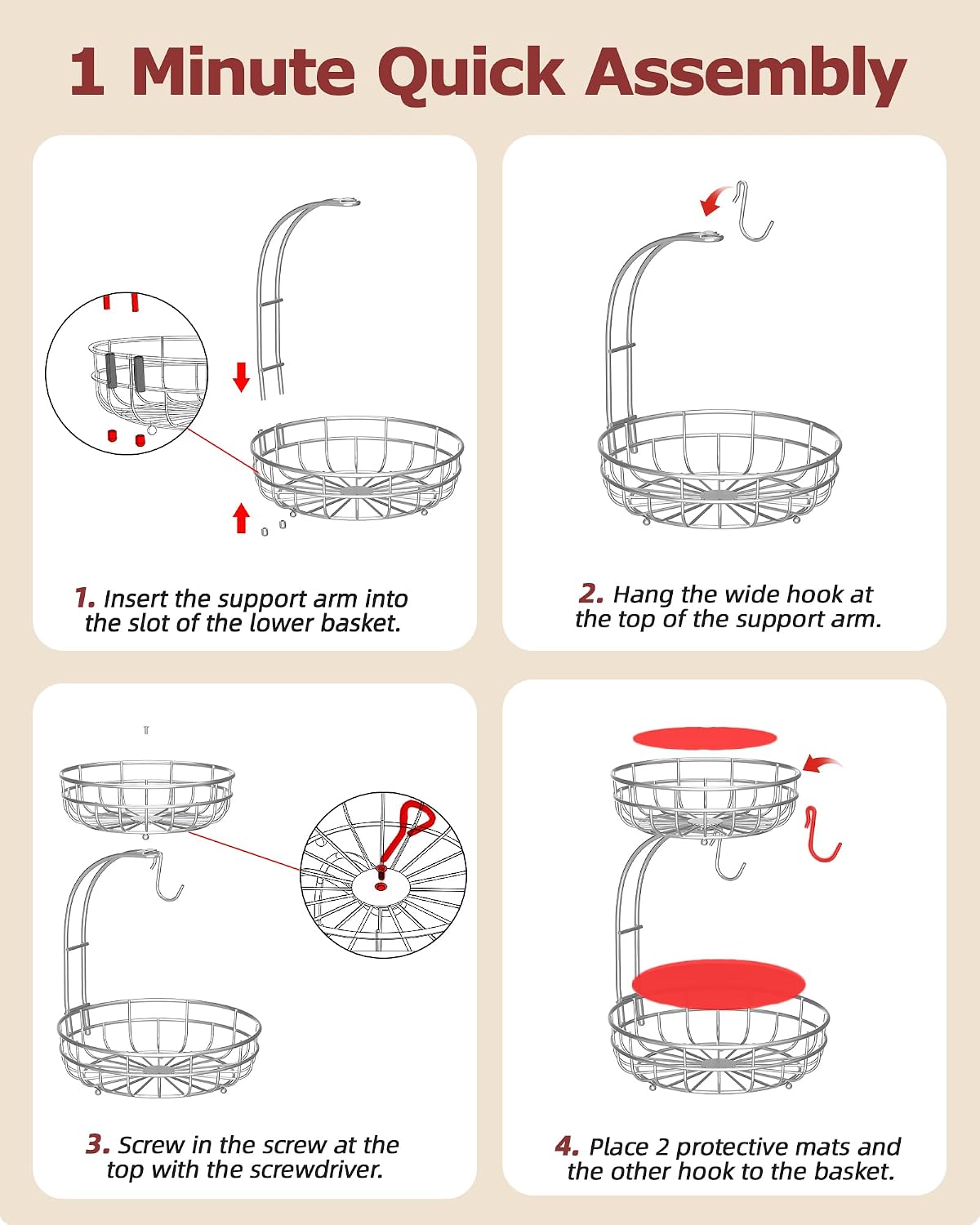 2 Tier Modern Fruit Basket for Kitchen Counter with 2 Banana Hook