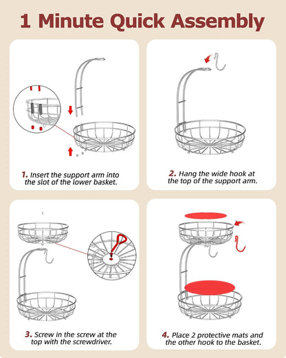 2 Tier Modern Fruit Basket for Kitchen Counter with 2 Banana Hook