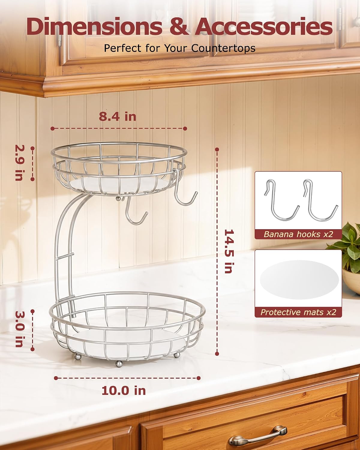 2 Tier Modern Fruit Basket for Kitchen Counter with 2 Banana Hook
