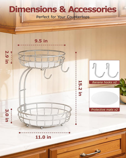 2 Tier Modern Fruit Basket for Kitchen Counter with 2 Banana Hook