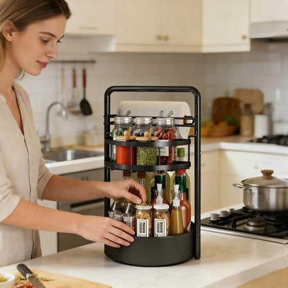 Rotating Spice Rack with Paper Towel Holder, Black | 2 Tier Turntable Lazy Susan, Durable Iron, Seasoning Organizer, For Kitchen Countertop