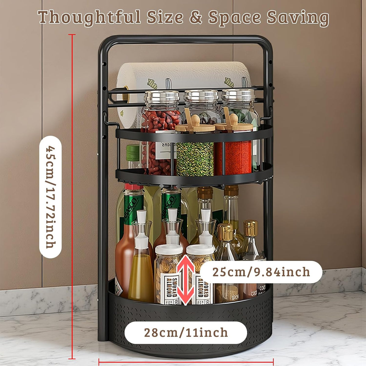 Rotating Spice Rack with Paper Towel Holder, Black | 2 Tier Turntable Lazy Susan, Durable Iron, Seasoning Organizer, For Kitchen Countertop