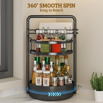 Rotating Spice Rack with Paper Towel Holder, Black | 2 Tier Turntable Lazy Susan, Durable Iron, Seasoning Organizer, For Kitchen Countertop