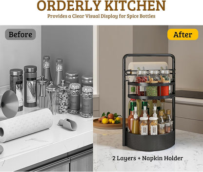 Rotating Spice Rack with Paper Towel Holder, Black | 2 Tier Turntable Lazy Susan, Durable Iron, Seasoning Organizer, For Kitchen Countertop