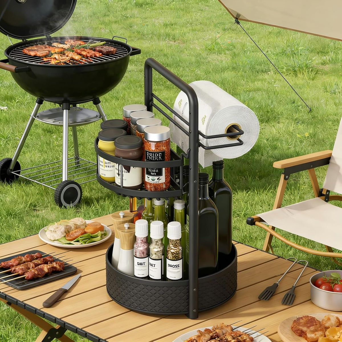 Rotating Spice Rack with Paper Towel Holder, Black | 2 Tier Turntable Lazy Susan, Durable Iron, Seasoning Organizer, For Kitchen Countertop