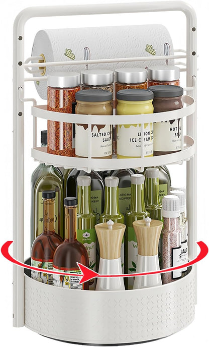 Rotating Spice Rack with Paper Towel Holder, Black | 2 Tier Turntable Lazy Susan, Durable Iron, Seasoning Organizer, For Kitchen Countertop
