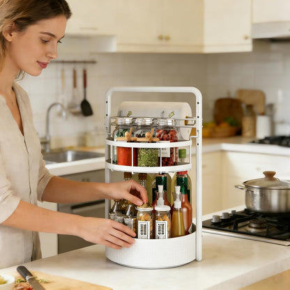 Rotating Spice Rack with Paper Towel Holder, Black | 2 Tier Turntable Lazy Susan, Durable Iron, Seasoning Organizer, For Kitchen Countertop