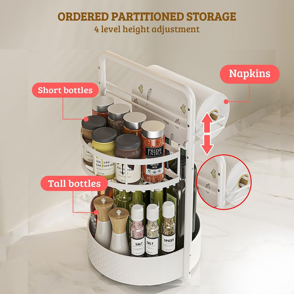 Rotating Spice Rack with Paper Towel Holder, Black | 2 Tier Turntable Lazy Susan, Durable Iron, Seasoning Organizer, For Kitchen Countertop