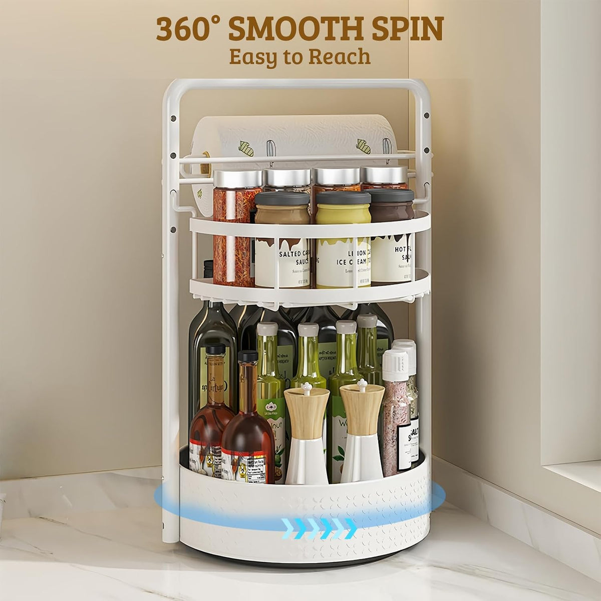 Rotating Spice Rack with Paper Towel Holder, Black | 2 Tier Turntable Lazy Susan, Durable Iron, Seasoning Organizer, For Kitchen Countertop