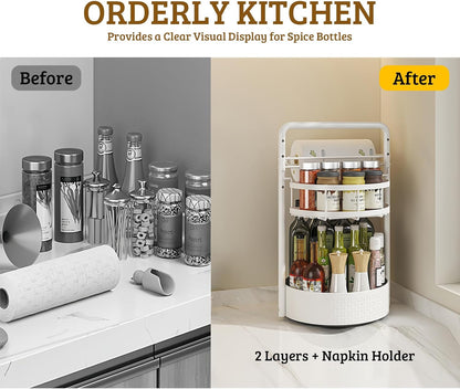 Rotating Spice Rack with Paper Towel Holder, Black | 2 Tier Turntable Lazy Susan, Durable Iron, Seasoning Organizer, For Kitchen Countertop