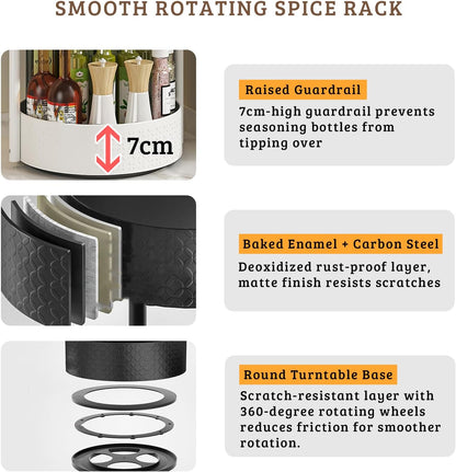 Rotating Spice Rack with Paper Towel Holder, Black | 2 Tier Turntable Lazy Susan, Durable Iron, Seasoning Organizer, For Kitchen Countertop