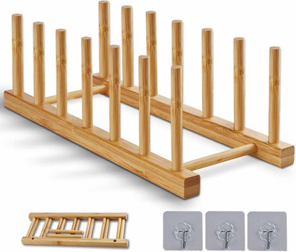 Bamboo Dish Rack, Durable Vertical Wooden Plate Holder & Drainer | Multi-Purpose Kitchen Cabinet Organizer for Dishes, Pots, Lids, Bowls, Cups & Cutting Boards(6-Slot Design)