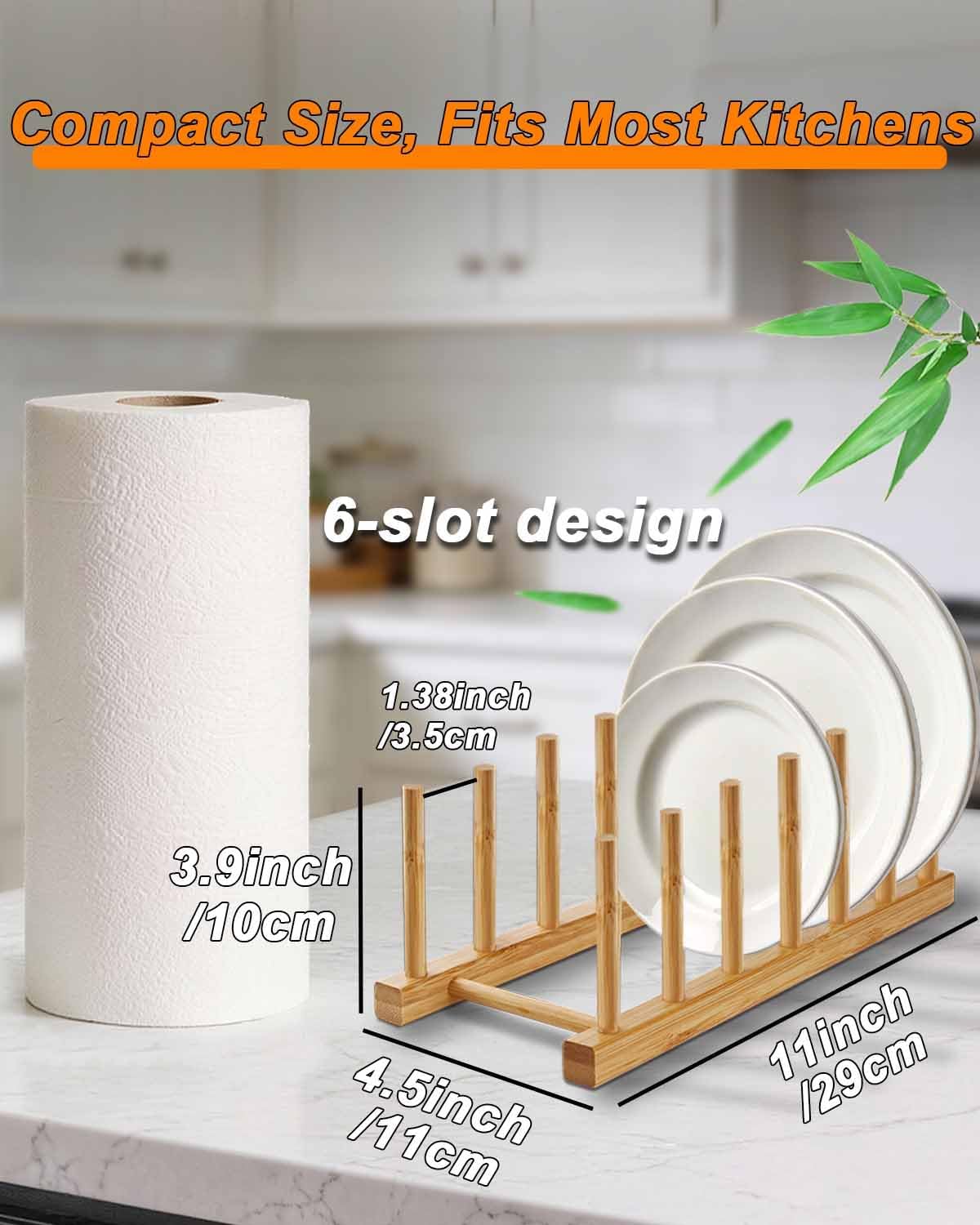 Bamboo Dish Rack, Durable Vertical Wooden Plate Holder & Drainer | Multi-Purpose Kitchen Cabinet Organizer for Dishes, Pots, Lids, Bowls, Cups & Cutting Boards(6-Slot Design)