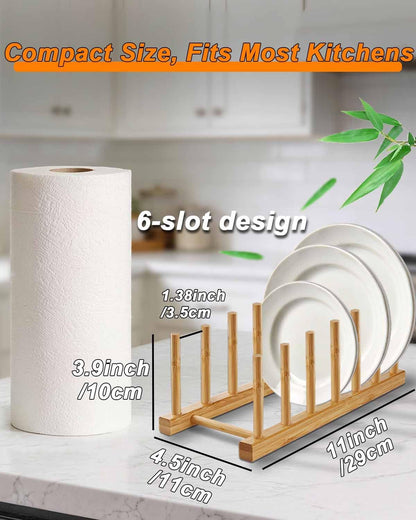Bamboo Dish Rack, Durable Vertical Wooden Plate Holder & Drainer | Multi-Purpose Kitchen Cabinet Organizer for Dishes, Pots, Lids, Bowls, Cups & Cutting Boards(6-Slot Design)