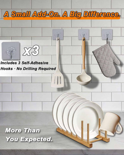 Bamboo Dish Rack, Durable Vertical Wooden Plate Holder & Drainer | Multi-Purpose Kitchen Cabinet Organizer for Dishes, Pots, Lids, Bowls, Cups & Cutting Boards(6-Slot Design)